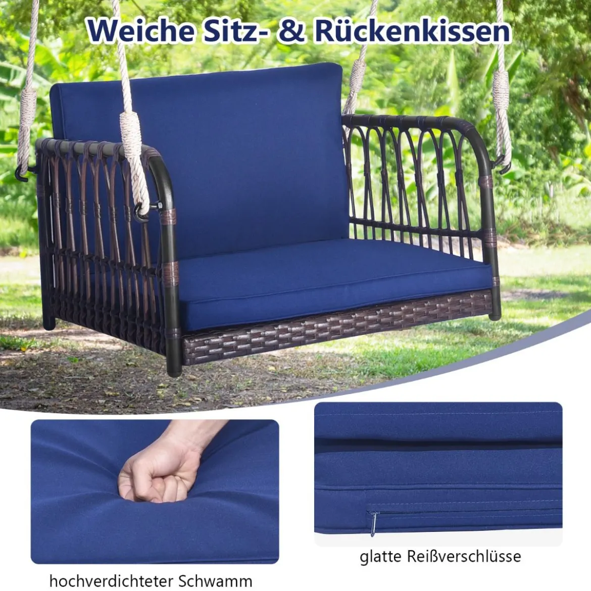 Hängesessel Hängestuhl bis 180kg belastbar Hängesitz mit Kissen Blau