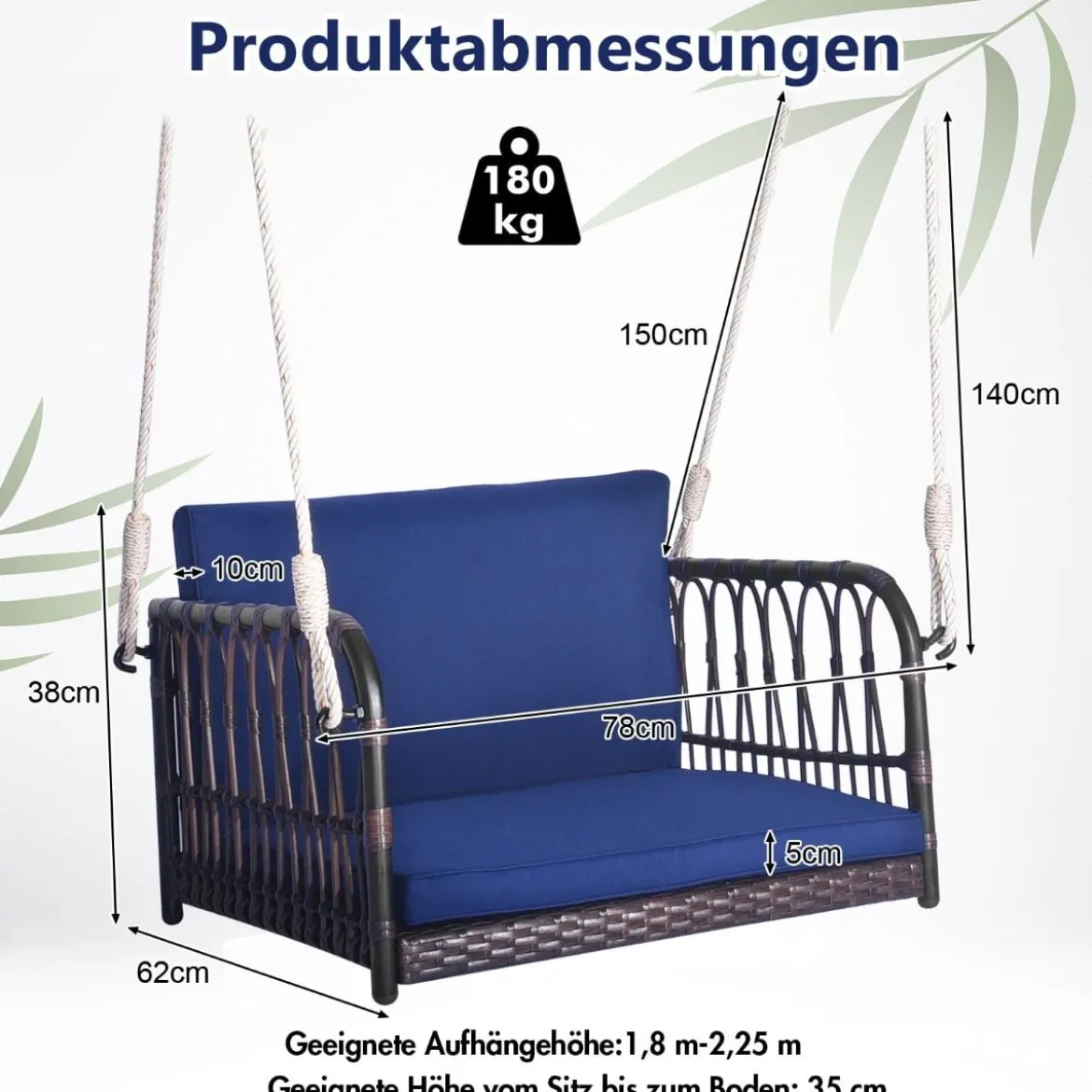 Hängesessel Hängestuhl bis 180kg belastbar Hängesitz mit Kissen Blau