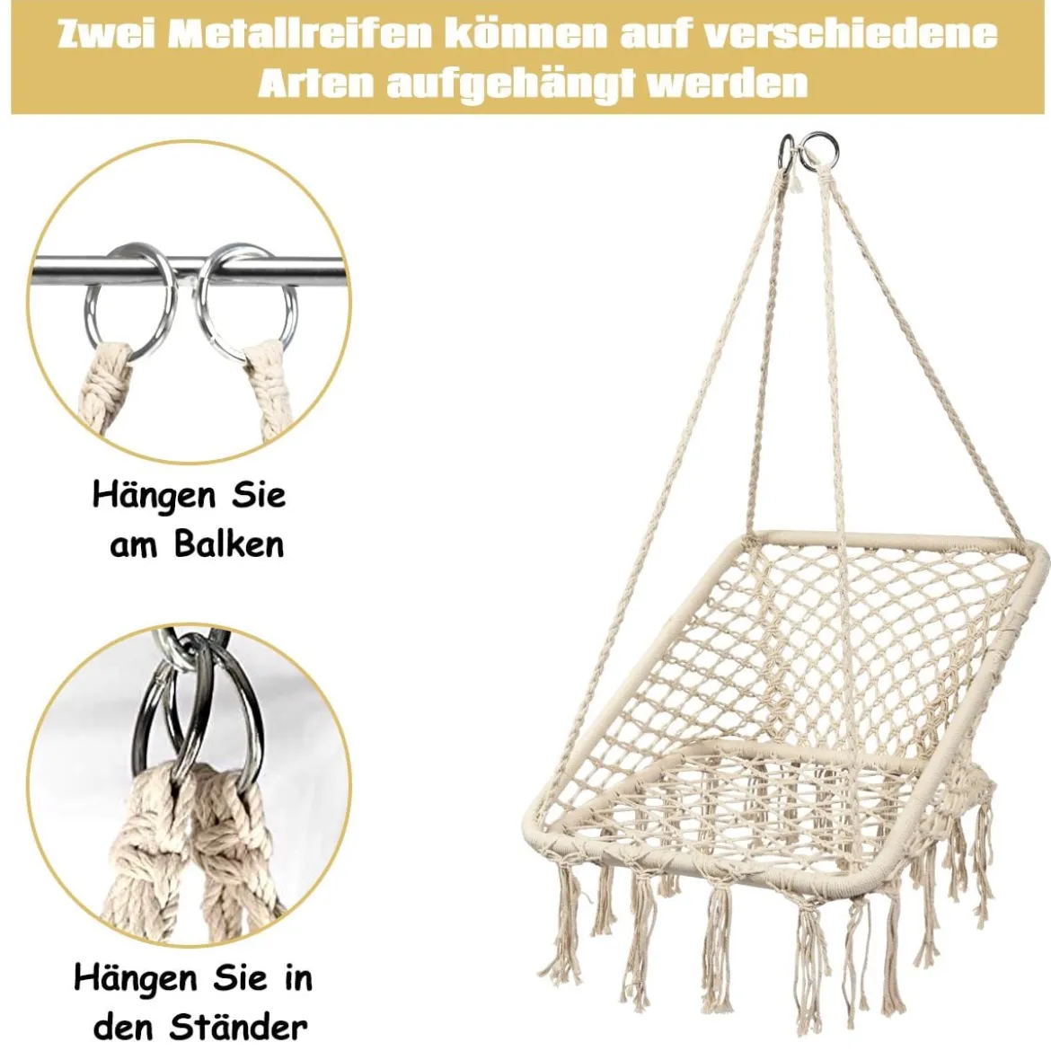 Hängesessel Makramee Hängestuhl Hängesitz Hängeschaukel Swing Sessel 120 kg Tragkraft