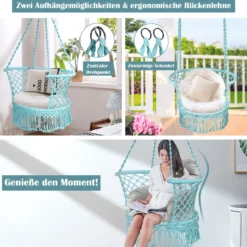 Hängesessel Makramee Hängestuhl Hängesitz Hängeschaukel Swing Sessel 160 kg Tragkraft Grün