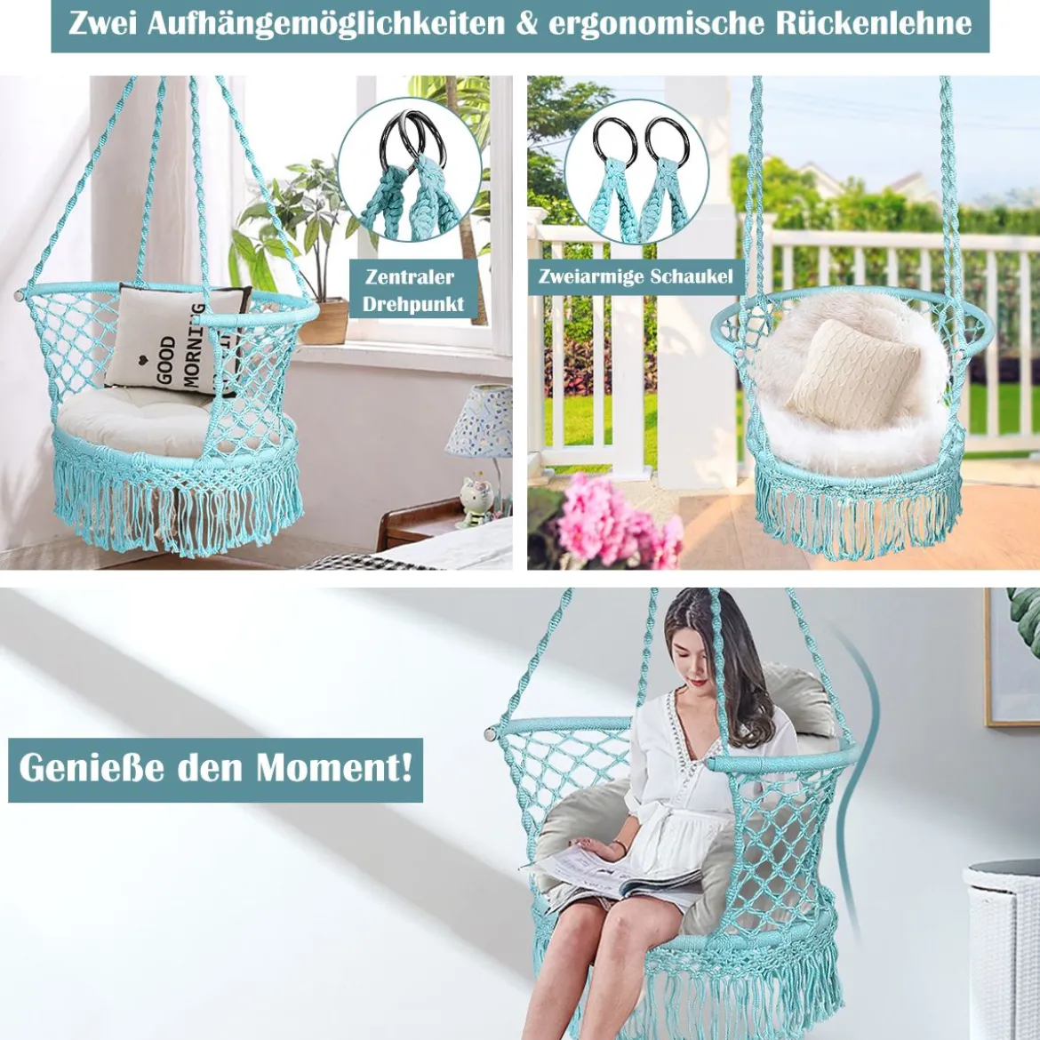 Hängesessel Makramee Hängestuhl Hängesitz Hängeschaukel Swing Sessel 160 kg Tragkraft Grün
