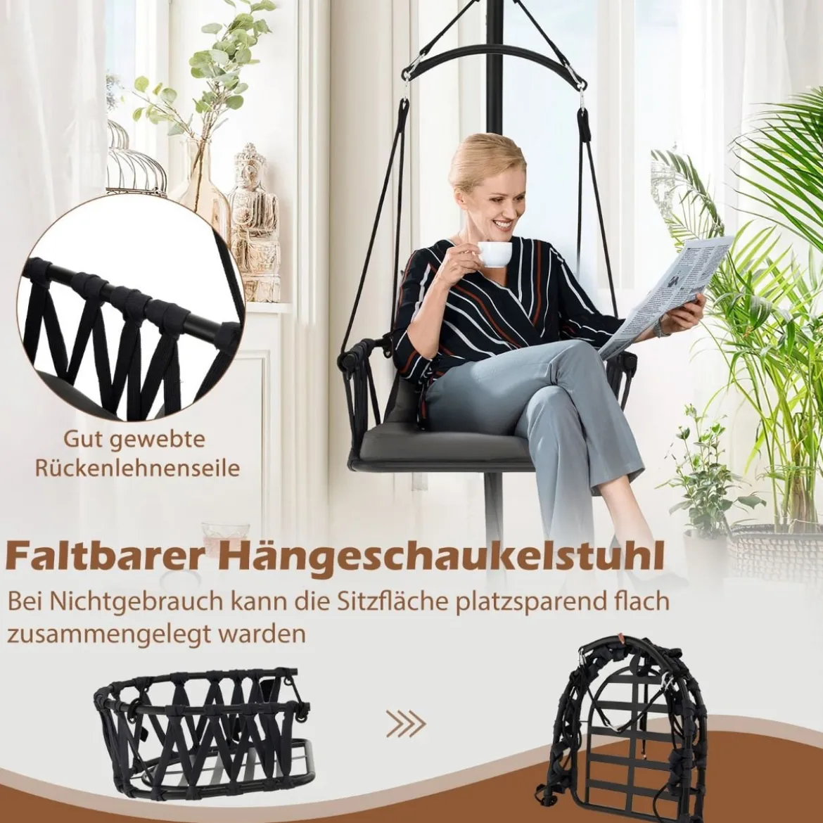 Hängesessel mit Gestell Faltbarer Hängestuhl mit gemütlichen Sitz- und Rückenkissen
