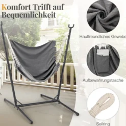 Hängesessel mit Gestell Hängeschaukel 6-fach höhenverstellbar mit Seitentasche Hängestuhl Bis 120kg belastbar