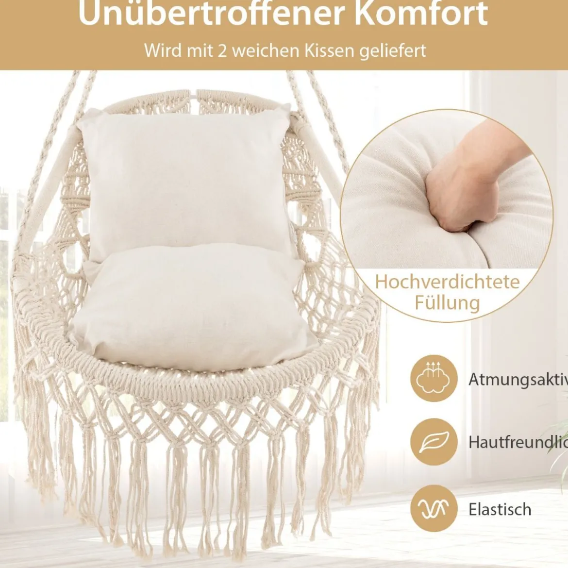 Hängesessel mit 2 Kissen Hängestuhl bis 150 kg belastbar 101 x 69 cm Beige