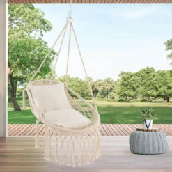 Hängesessel mit 2 Kissen Hängestuhl bis 150 kg belastbar 101 x 69 cm Beige