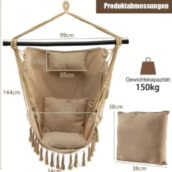 Hängesessel mit 3 Kissen Schaukelsessel mit Seil zum Aufhängen bis 150kg Belastbar Beige