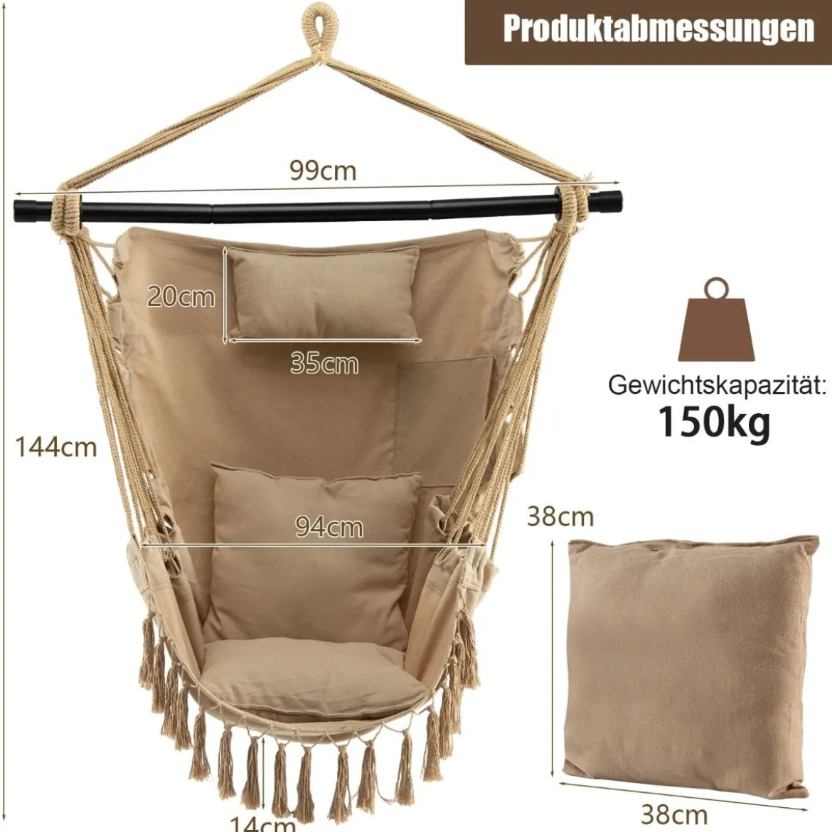 Hängesessel mit 3 Kissen Schaukelsessel mit Seil zum Aufhängen bis 150kg Belastbar Beige