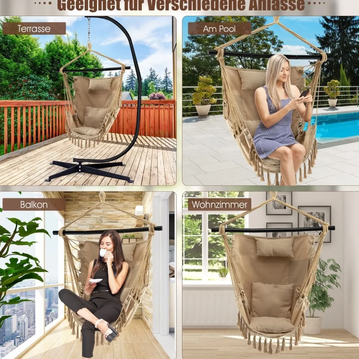 Hängesessel mit 3 Kissen Schaukelsessel mit Seil zum Aufhängen bis 150kg Belastbar Beige