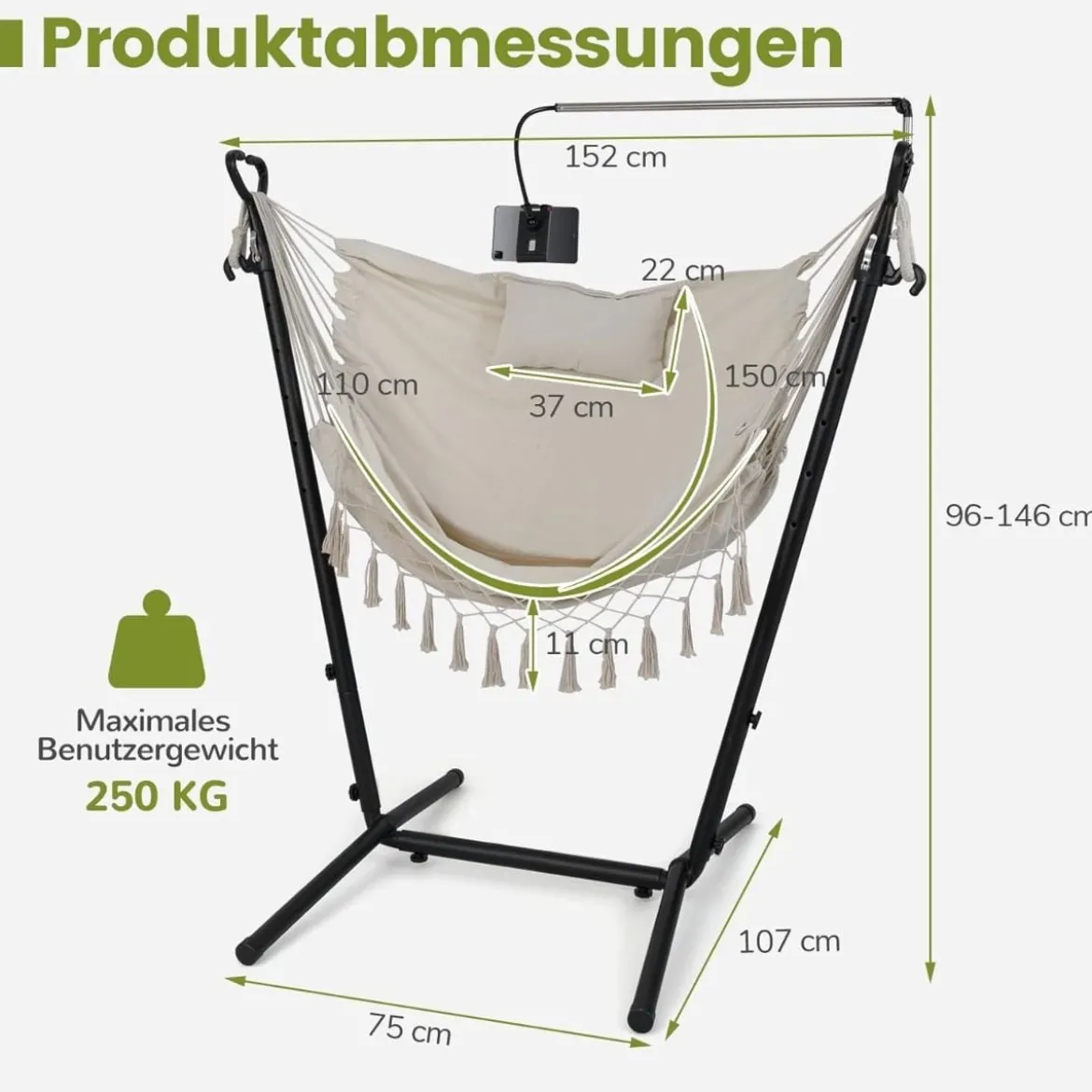 Hängesessel mit Ständer höhenverstellbarer Hängesitz mit Kissen 152 x 107 x 96–146 cm Tragbarkeit bis zu 250 kg Beige