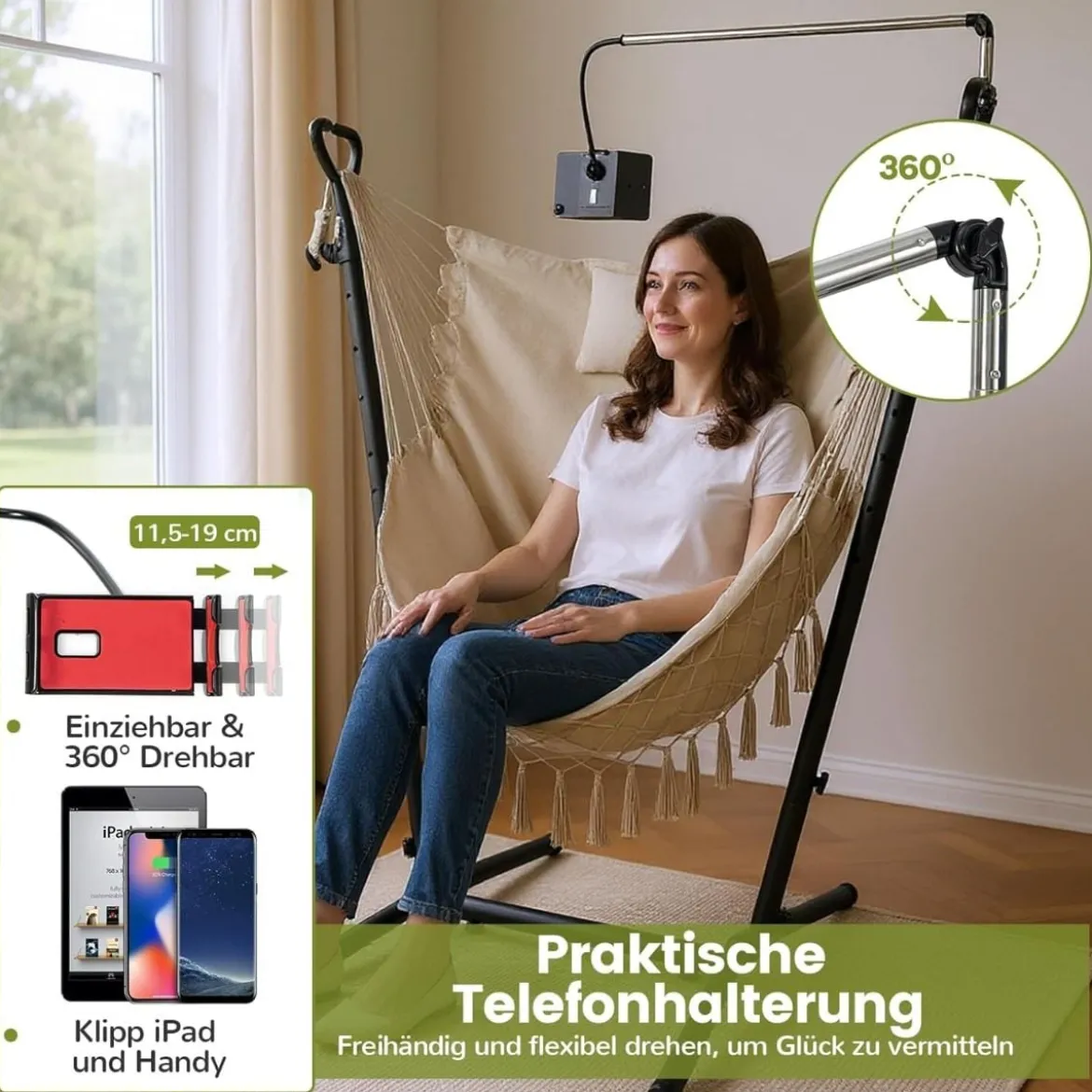 Hängesessel mit Ständer höhenverstellbarer Hängesitz mit Kissen 152 x 107 x 96–146 cm Tragbarkeit bis zu 250 kg Beige