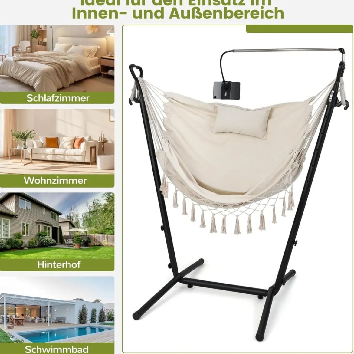 Hängesessel mit Ständer höhenverstellbarer Hängesitz mit Kissen 152 x 107 x 96–146 cm Tragbarkeit bis zu 250 kg Beige