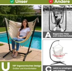 Hängesessel mit Ständer höhenverstellbarer Hängesitz mit Kissen 152 x 107 x 96–146 cm Tragbarkeit bis zu 250 kg Beige