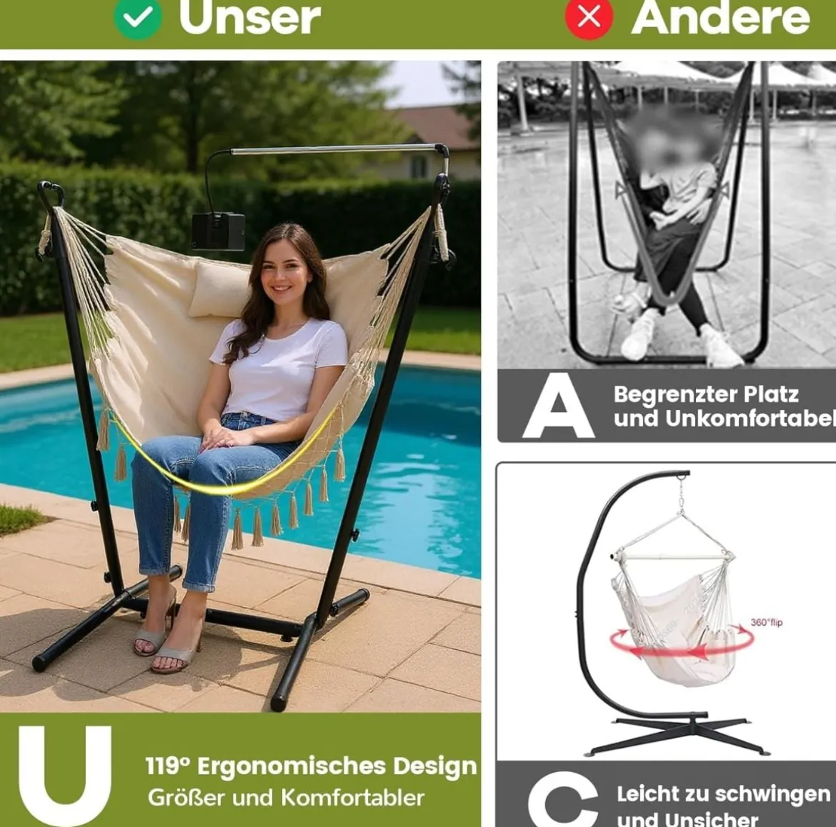 Hängesessel mit Ständer höhenverstellbarer Hängesitz mit Kissen 152 x 107 x 96–146 cm Tragbarkeit bis zu 250 kg Beige