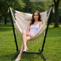 Hängesessel mit Ständer höhenverstellbarer Hängesitz mit Kissen 152 x 107 x 96–146 cm Tragbarkeit bis zu 250 kg Beige