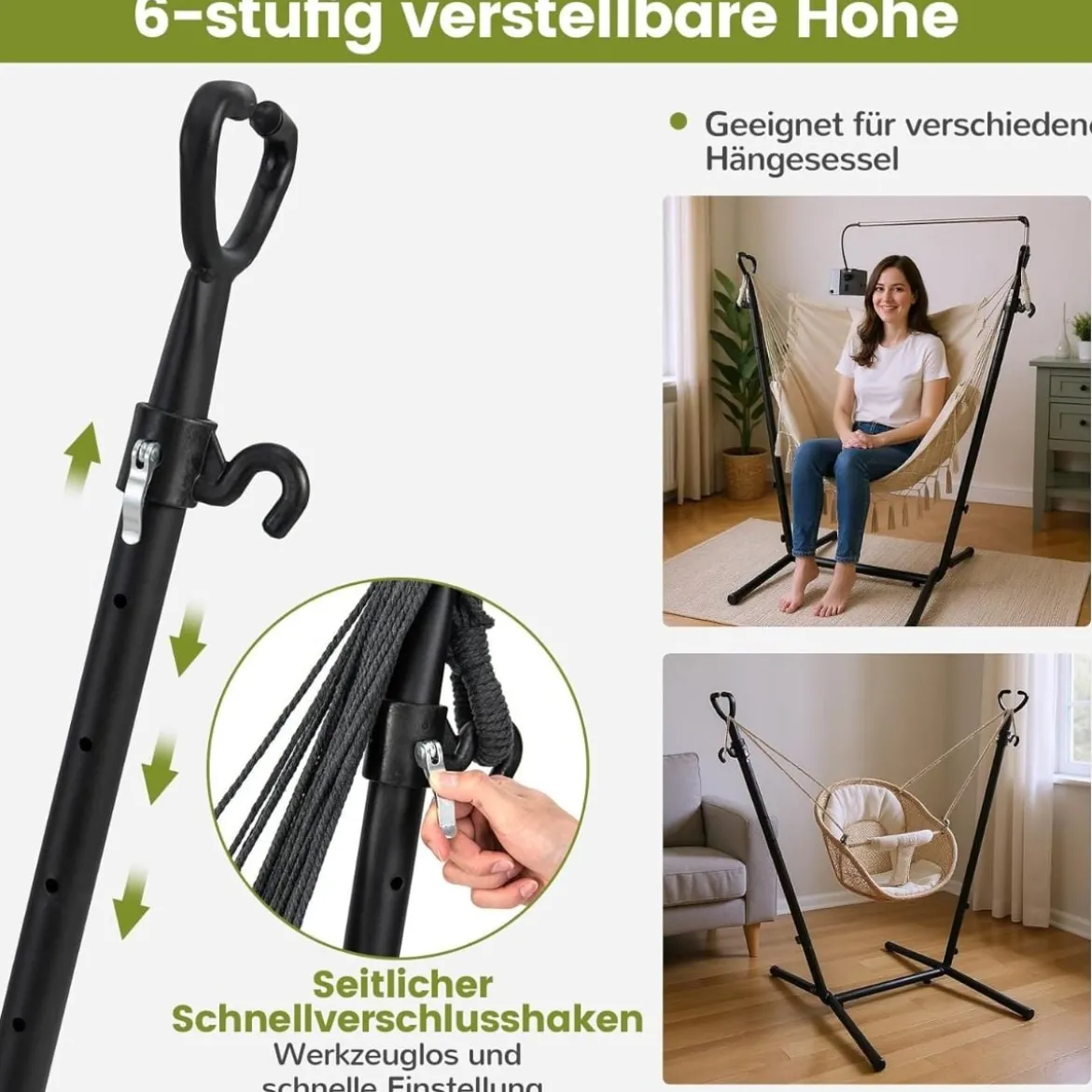 Hängesessel mit Ständer höhenverstellbarer Hängesitz mit Kissen 152 x 107 x 96–146 cm Tragbarkeit bis zu 250 kg Beige