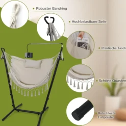 Hängesessel mit Ständer höhenverstellbarer Hängesitz mit Kissen 152 x 107 x 96–146 cm Tragbarkeit bis zu 250 kg Beige