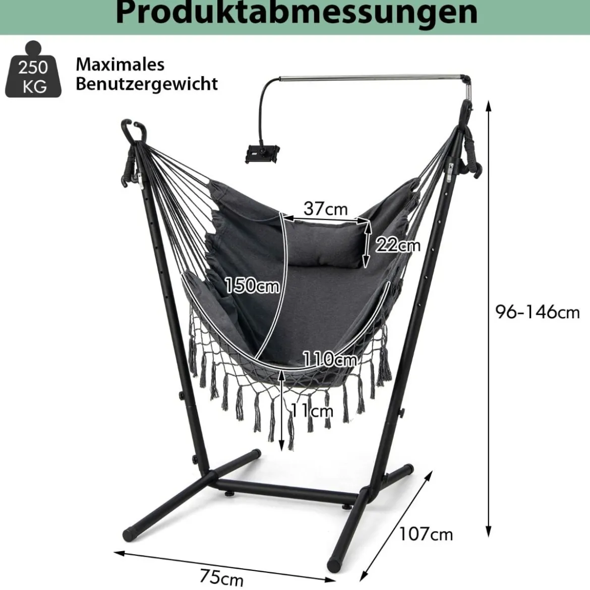 Hängesessel mit Ständer höhenverstellbarer Hängesitz mit Kissen 152 x 107 x 96–146 cm Tragbarkeit bis zu 250 kg Grau