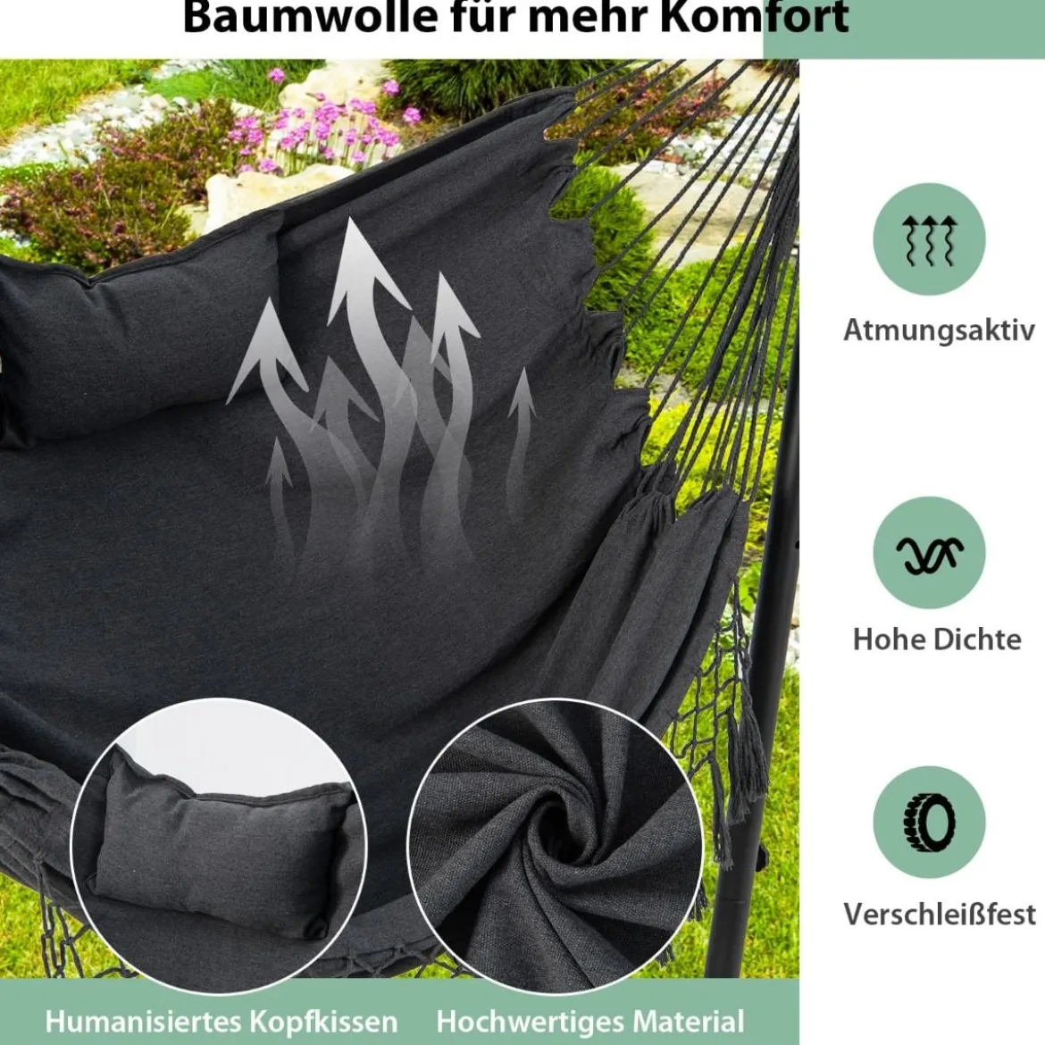 Hängesessel mit Ständer höhenverstellbarer Hängesitz mit Kissen 152 x 107 x 96–146 cm Tragbarkeit bis zu 250 kg Grau