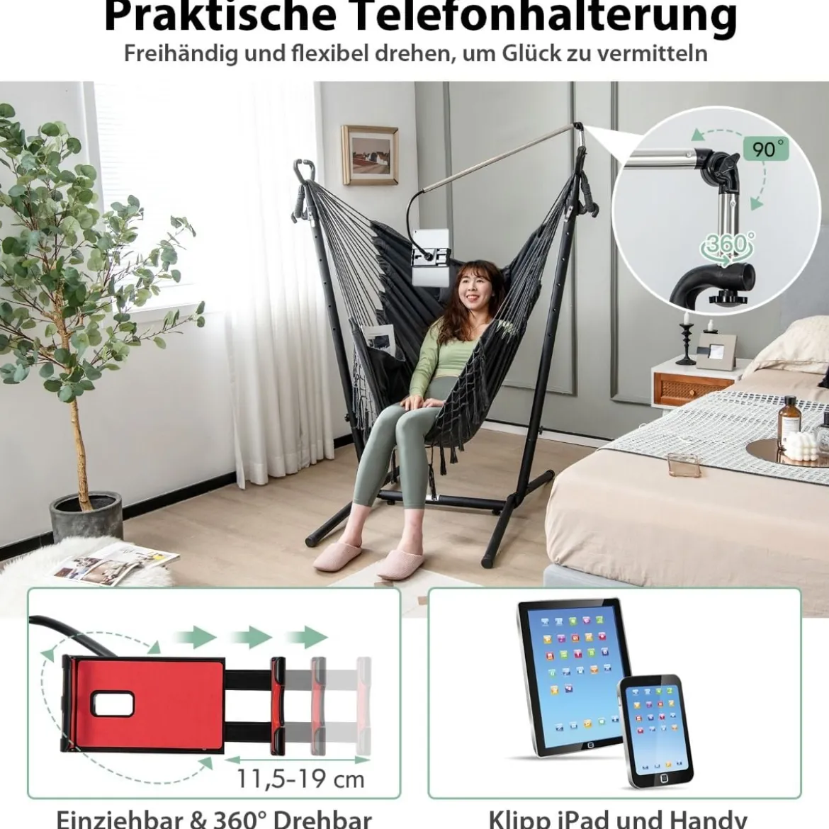 Hängesessel mit Ständer höhenverstellbarer Hängesitz mit Kissen 152 x 107 x 96–146 cm Tragbarkeit bis zu 250 kg Grau