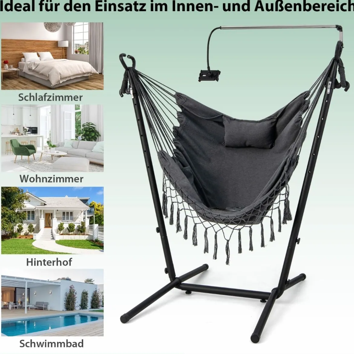 Hängesessel mit Ständer höhenverstellbarer Hängesitz mit Kissen 152 x 107 x 96–146 cm Tragbarkeit bis zu 250 kg Grau