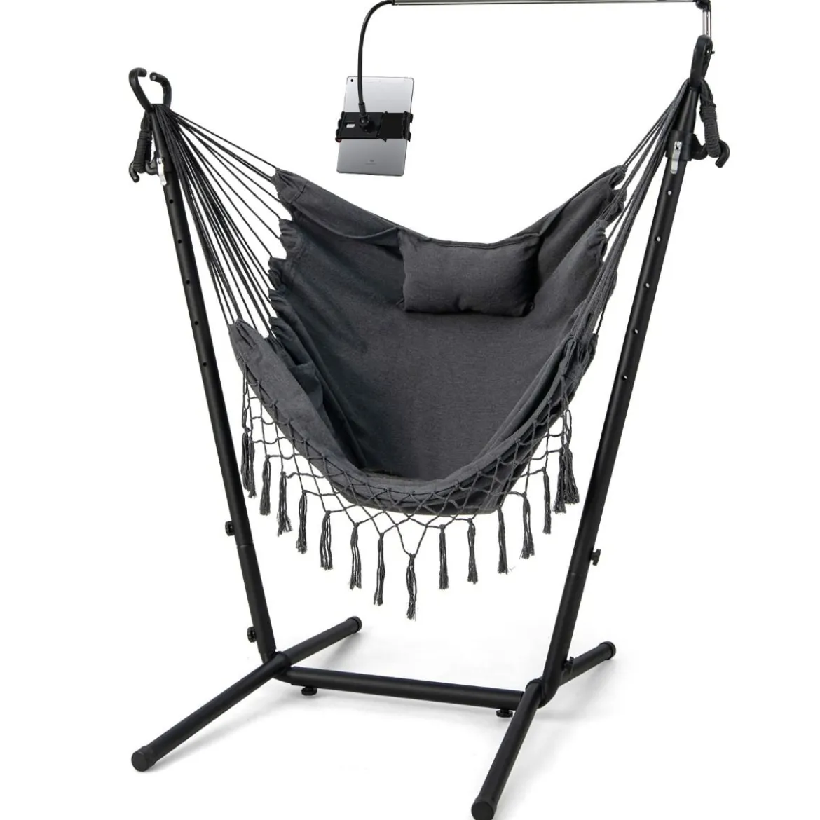 Hängesessel mit Ständer höhenverstellbarer Hängesitz mit Kissen 152 x 107 x 96–146 cm Tragbarkeit bis zu 250 kg Grau