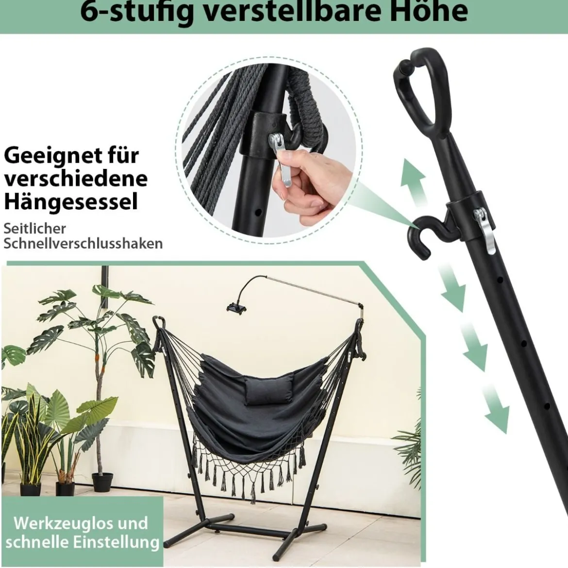 Hängesessel mit Ständer höhenverstellbarer Hängesitz mit Kissen 152 x 107 x 96–146 cm Tragbarkeit bis zu 250 kg Grau