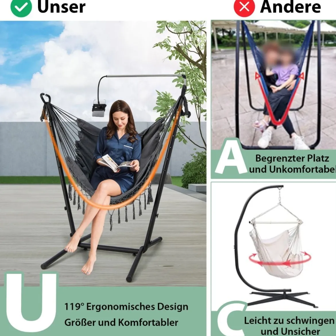 Hängesessel mit Ständer höhenverstellbarer Hängesitz mit Kissen 152 x 107 x 96–146 cm Tragbarkeit bis zu 250 kg Grau