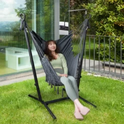 Hängesessel mit Ständer höhenverstellbarer Hängesitz mit Kissen 152 x 107 x 96–146 cm Tragbarkeit bis zu 250 kg Grau