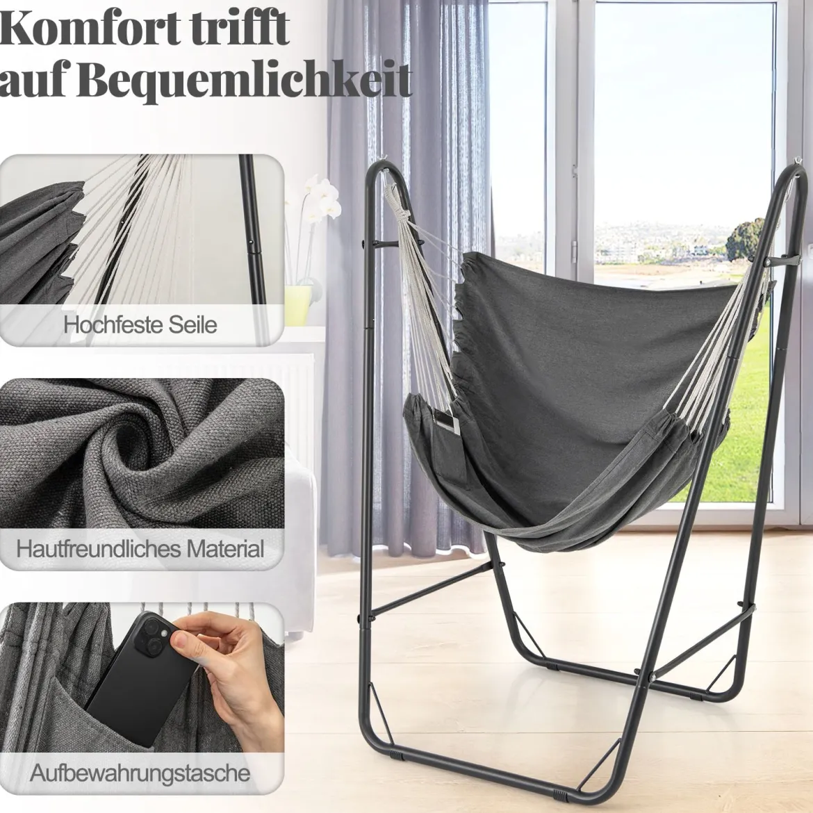Hängesessel mit u-förmiger Gestell Hängeschaukel aus Baumwolle-Polyester mit Seitentasche Grau