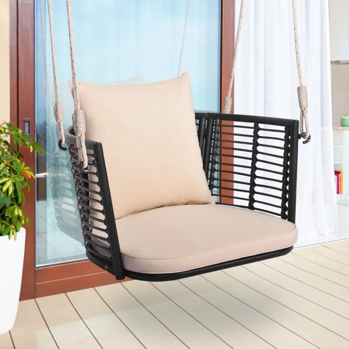 Hängesessel Rattan bis 180kg belastbar Hängesitz mit Kissens & Metallrahmen