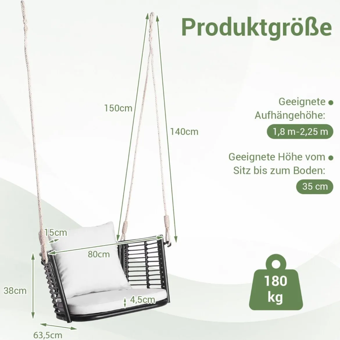 Hängesessel Rattan bis 180kg belastbar Hängesitz mit Kissens & Metallrahmen