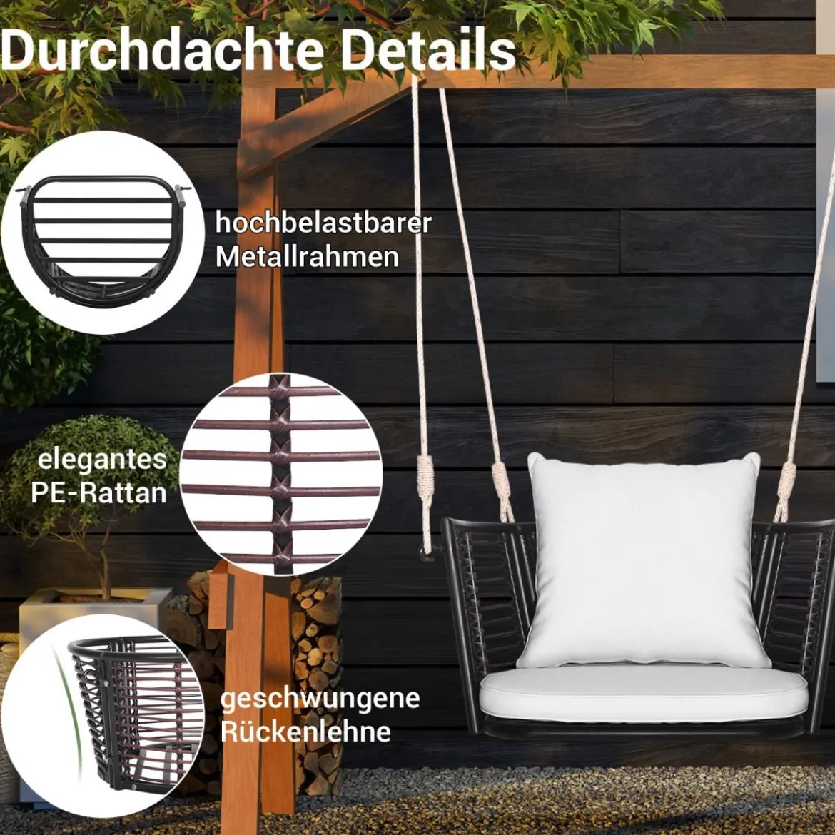 Hängesessel Rattan bis 180kg belastbar Hängesitz mit Kissens & Metallrahmen