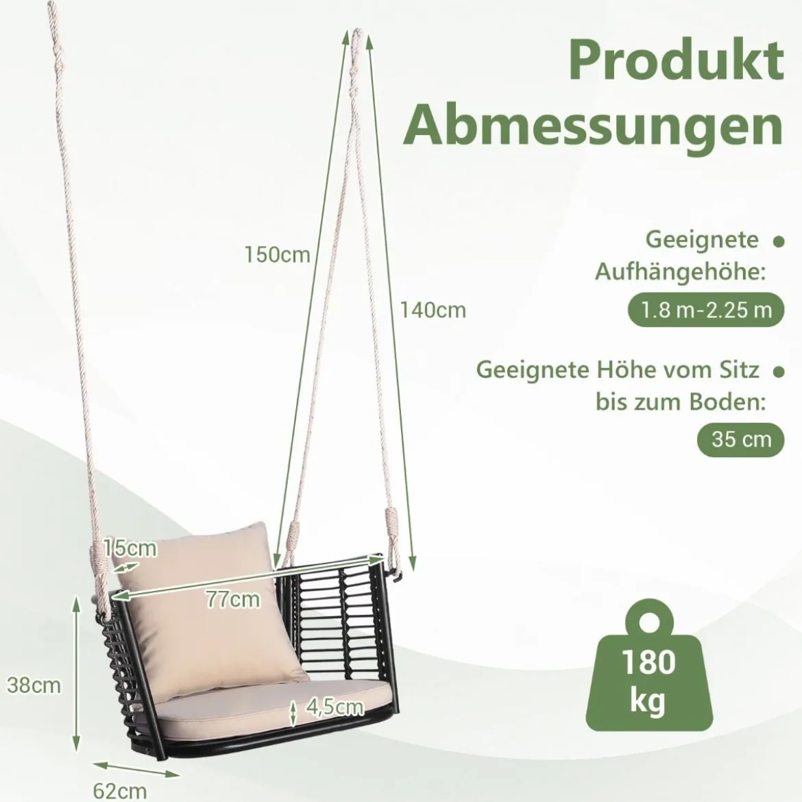 Hängesessel Rattan bis 180kg belastbar Hängesitz mit Kissens & Metallrahmen