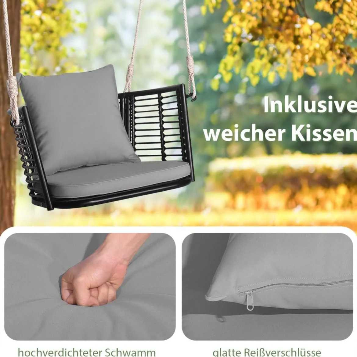 Hängesessel Rattan bis 180kg belastbar Hängesitz mit Kissens & Metallrahmen