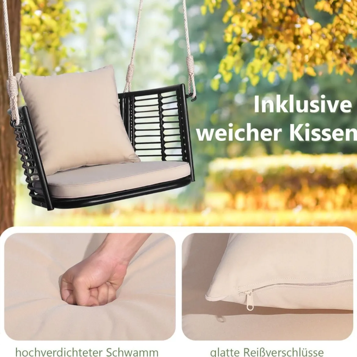 Hängesessel Rattan bis 180kg belastbar Hängesitz mit Kissens & Metallrahmen