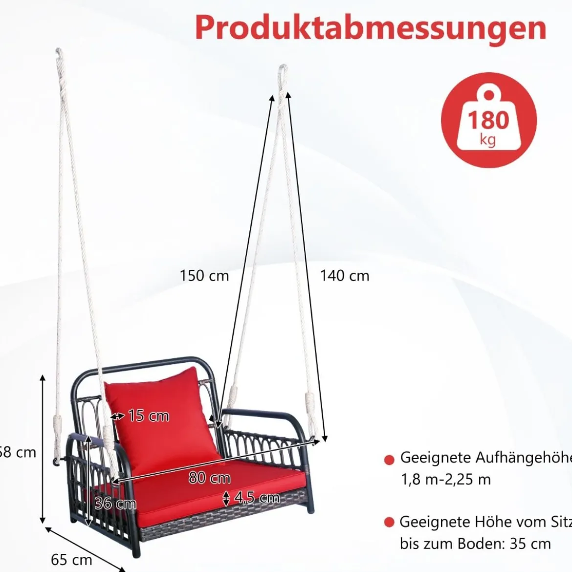 Hängesessel Terrassenschaukel bis 180kg belastbar Hängesitz mit Sitz- & Rückenkissen 80 x 65 x 58 cm