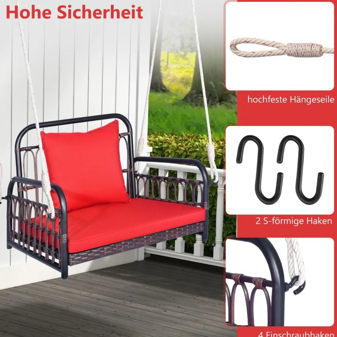 Hängesessel Terrassenschaukel bis 180kg belastbar Hängesitz mit Sitz- & Rückenkissen 80 x 65 x 58 cm