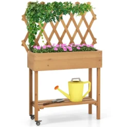 Hochbeet auf Rollen mit Ablage & Spalier & Stoffauskleidung Blumenbeet 90 x 29 x 129 cm