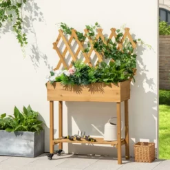 Hochbeet auf Rollen mit Ablage & Spalier & Stoffauskleidung Blumenbeet 90 x 29 x 129 cm