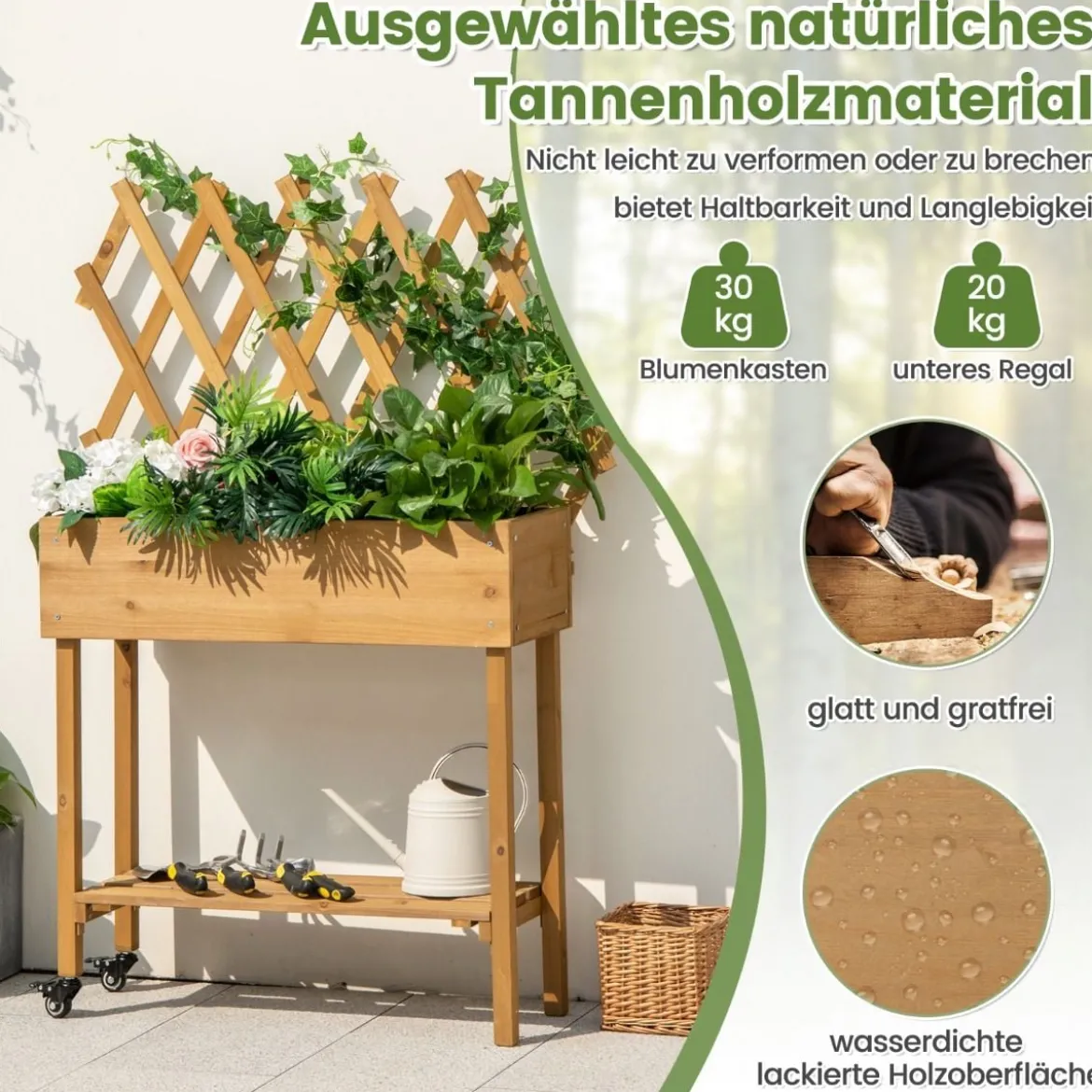 Hochbeet auf Rollen mit Ablage & Spalier & Stoffauskleidung Blumenbeet 90 x 29 x 129 cm