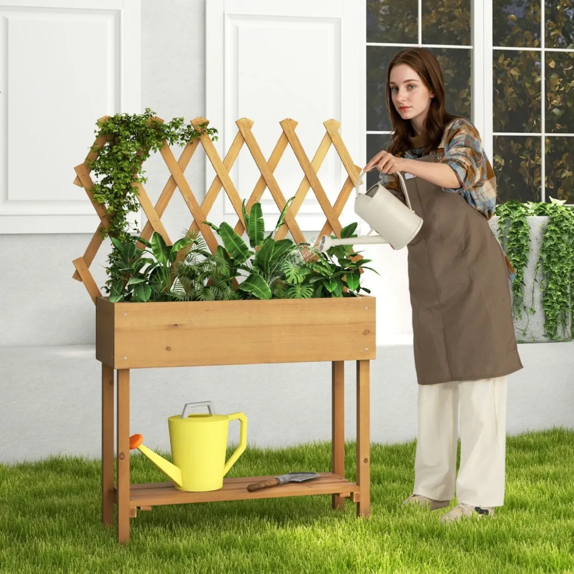 Hochbeet auf Rollen mit Ablage & Spalier & Stoffauskleidung Blumenbeet 90 x 29 x 129 cm