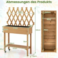 Hochbeet auf Rollen mit Ablage & Spalier & Stoffauskleidung Blumenbeet 90 x 29 x 129 cm