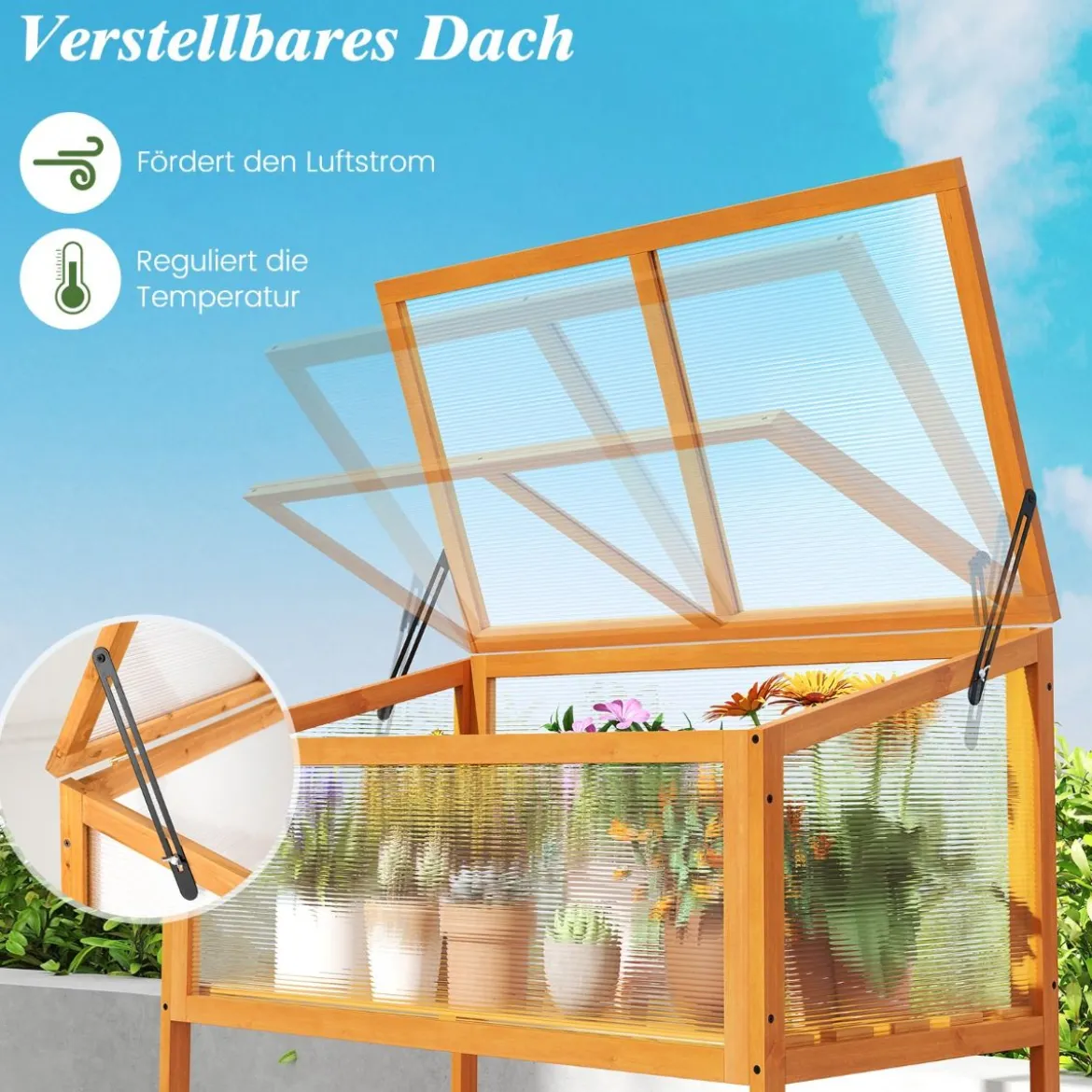 Hochbeet aus Holz Frühbeetaufsatz mit transparentem & aufklappbarem Dach Gewächshaus Orange 90 x 50,5 x 105 cm