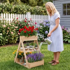 Hochbeet aus Holz mit 3 Etagen Vertikales Blumenbeet mit 3 Pflanzkästen & 2 Ablagen