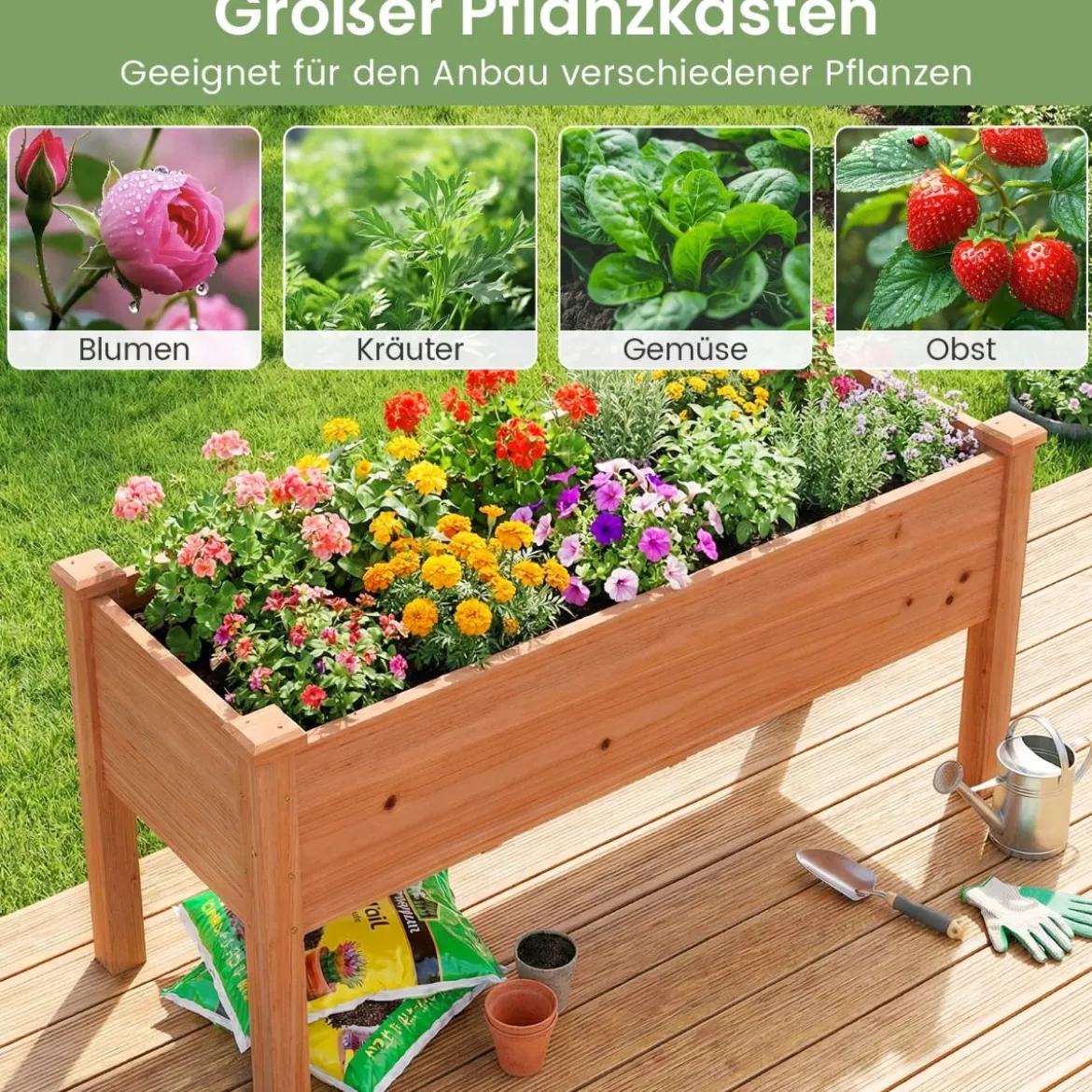 Hochbeet aus Holz Pflanzbeet für Kinder 120 x 43,5 x 51cm Pflanztrog belastbar bis 100 kg Orange