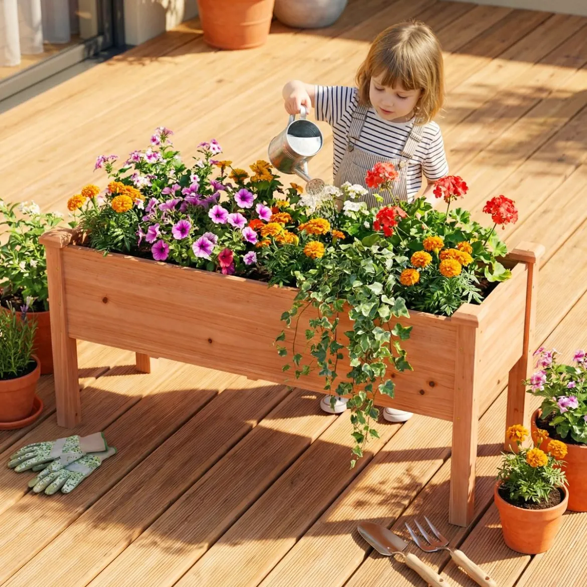 Hochbeet aus Holz Pflanzbeet für Kinder 120 x 43,5 x 51cm Pflanztrog belastbar bis 100 kg Orange