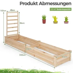 Hochbeet aus Tannenholz mit Rankgitter Pflanzkasten Gartenspalier 235 x 63 x 102 cm Natur