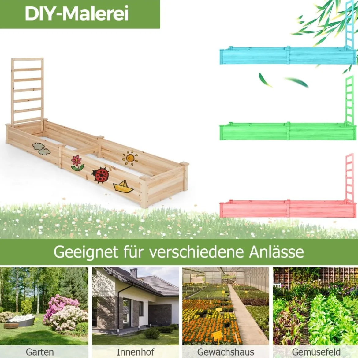 Hochbeet aus Tannenholz mit Rankgitter Pflanzkasten Gartenspalier 235 x 63 x 102 cm Natur
