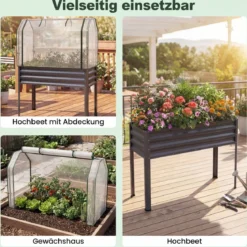 Hochbeet aus Verzinktem Metall mit PE-Abdeckung Erhöhtes Gartenbeet Schwarz/Grau/Silber