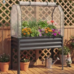 Hochbeet aus Verzinktem Metall mit PE-Abdeckung Erhöhtes Gartenbeet Schwarz/Grau/Silber